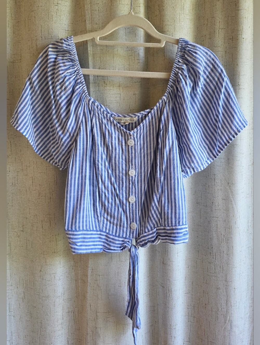 Aeropostale Blue & White Striped Tie-Front Crop Top